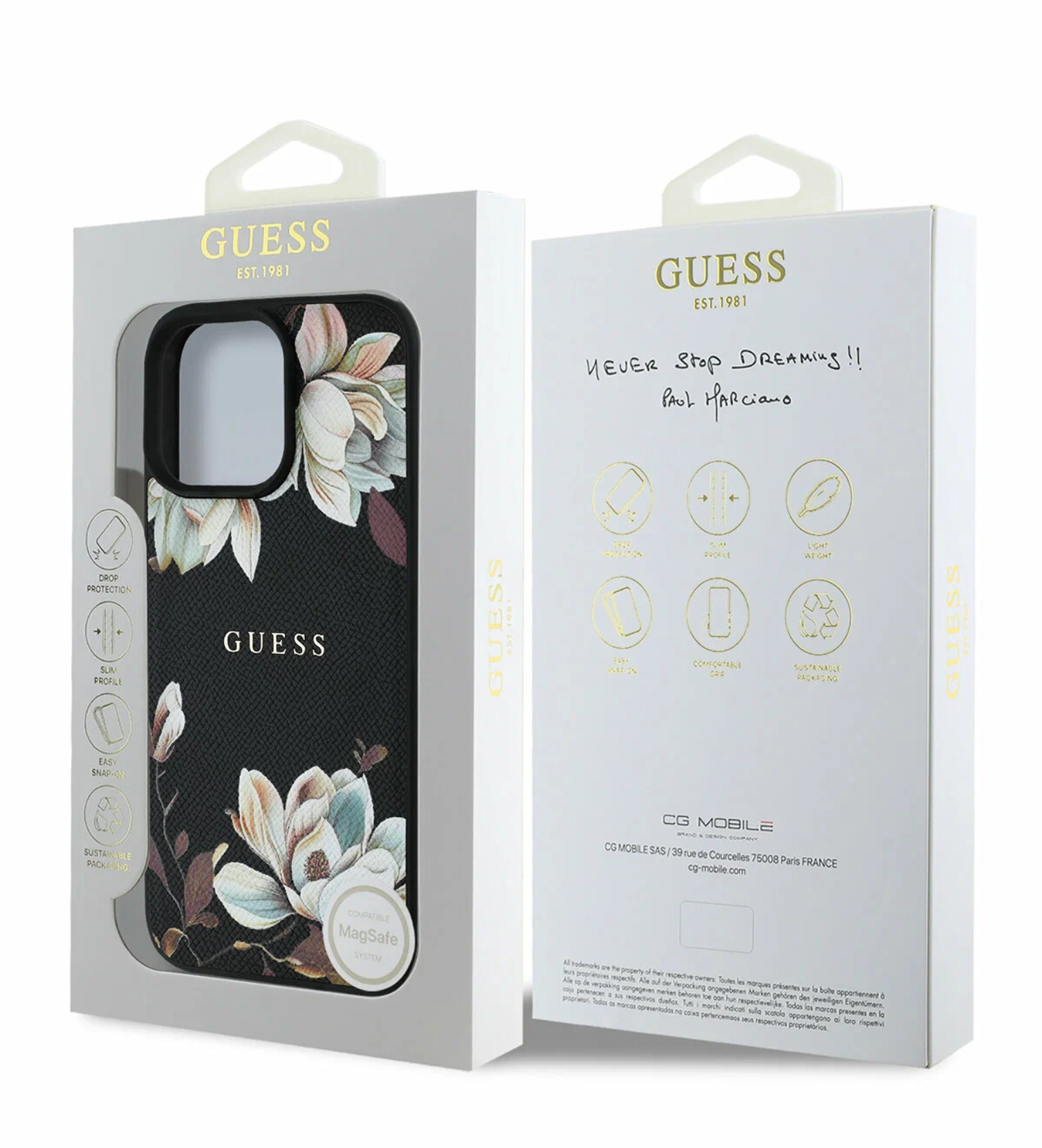 Чехол Guess PU Grained leather Flowers Metal logo Hard с MagSafe для iPhone 16 Pro, Черный