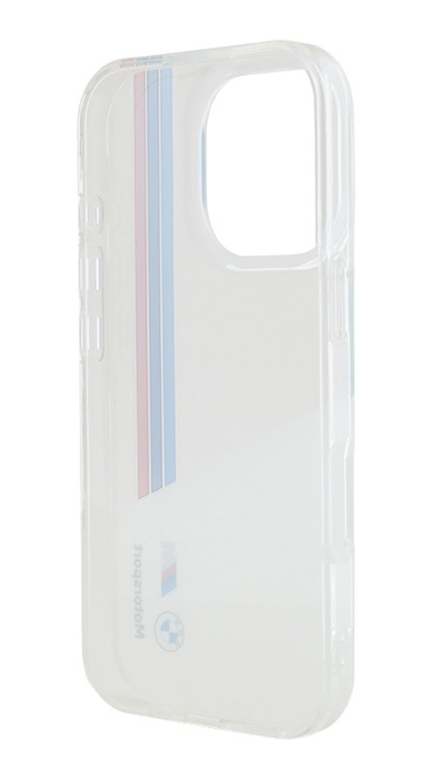 Чехол BMW для iPhone 16 Pro, Motorsport PC/TPU Триколор вертикальные полосы, Белый