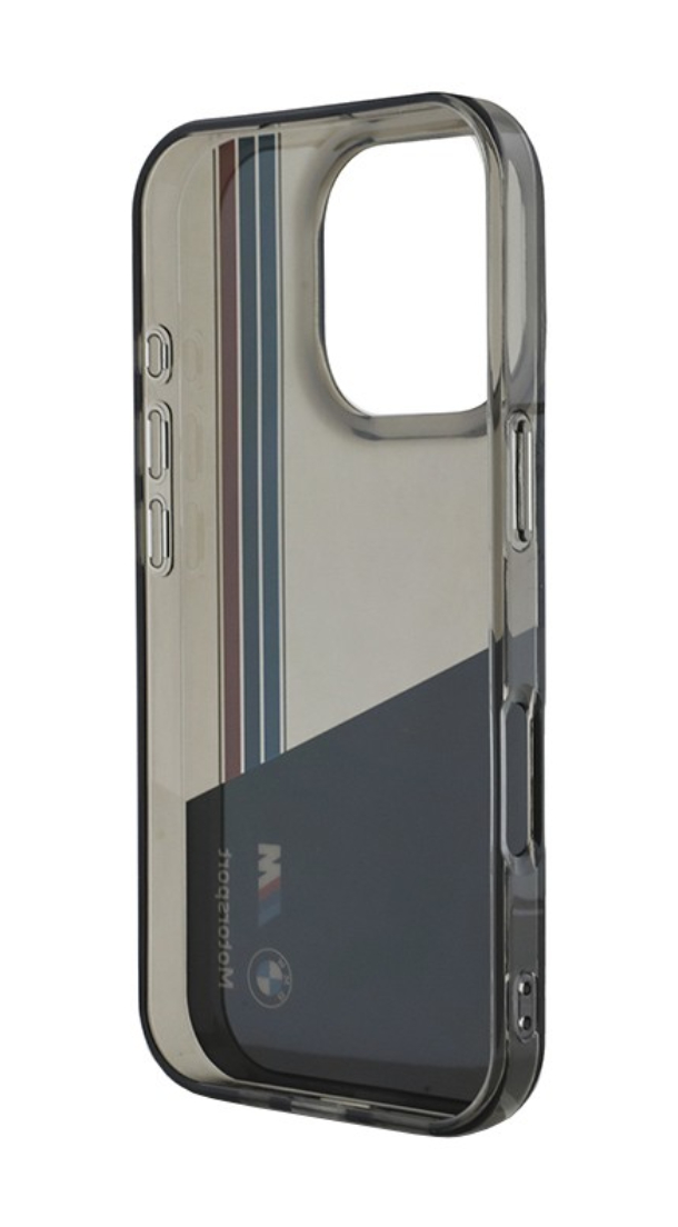 Чехол BMW для iPhone 16 Pro Max, Motorsport PC/TPU Вертикальные полосы триколор, Черный