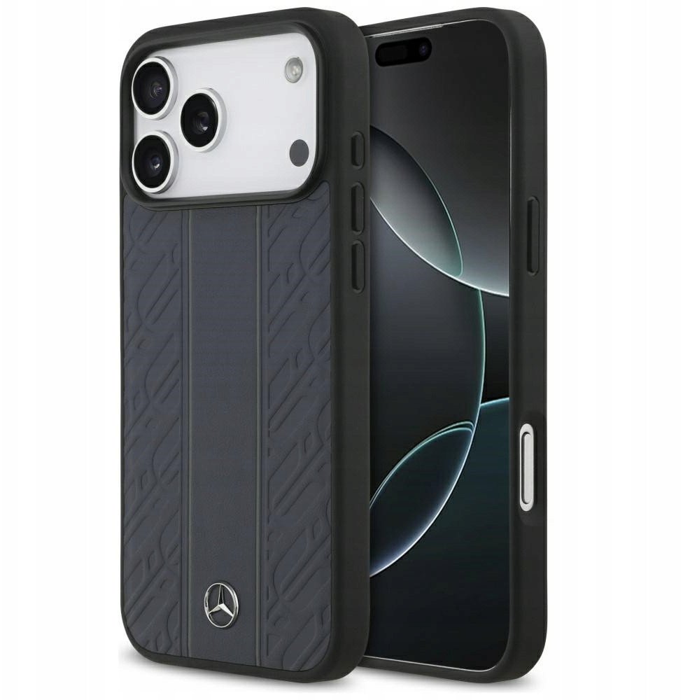 Чехол Mercedes iPhone 17 Pro Max Leather Laurel Leaves Vertical Stripes, MagSafe, Темно-синий