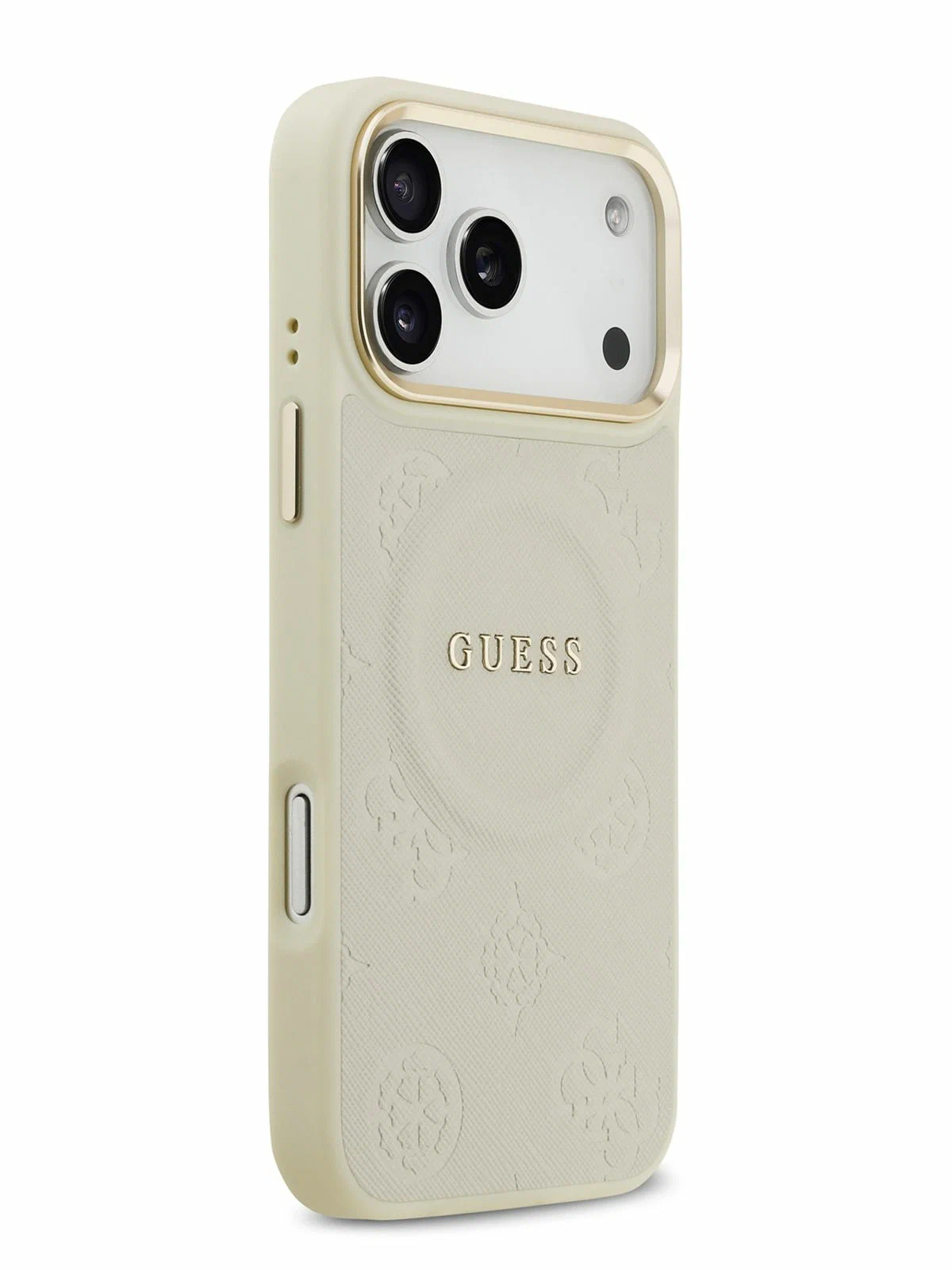 Чехол Guess iPhone 17 Pro Max PU Saffiano Peony Metal logo Gold camera Hard Beige, MagSafe, Бежевый