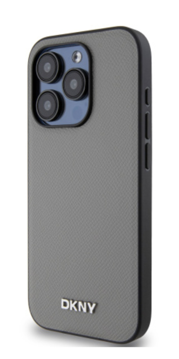 Чехол DKNY для iPhone 15 Pro Max PU MagSafe Зернистый металлический логотип , Серый