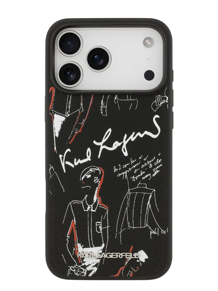 Чехол Lagerfeld iPhone 17 Pro Max PU Grained leather Sketch with Metal logo Hard Black, MagSafe, Черный