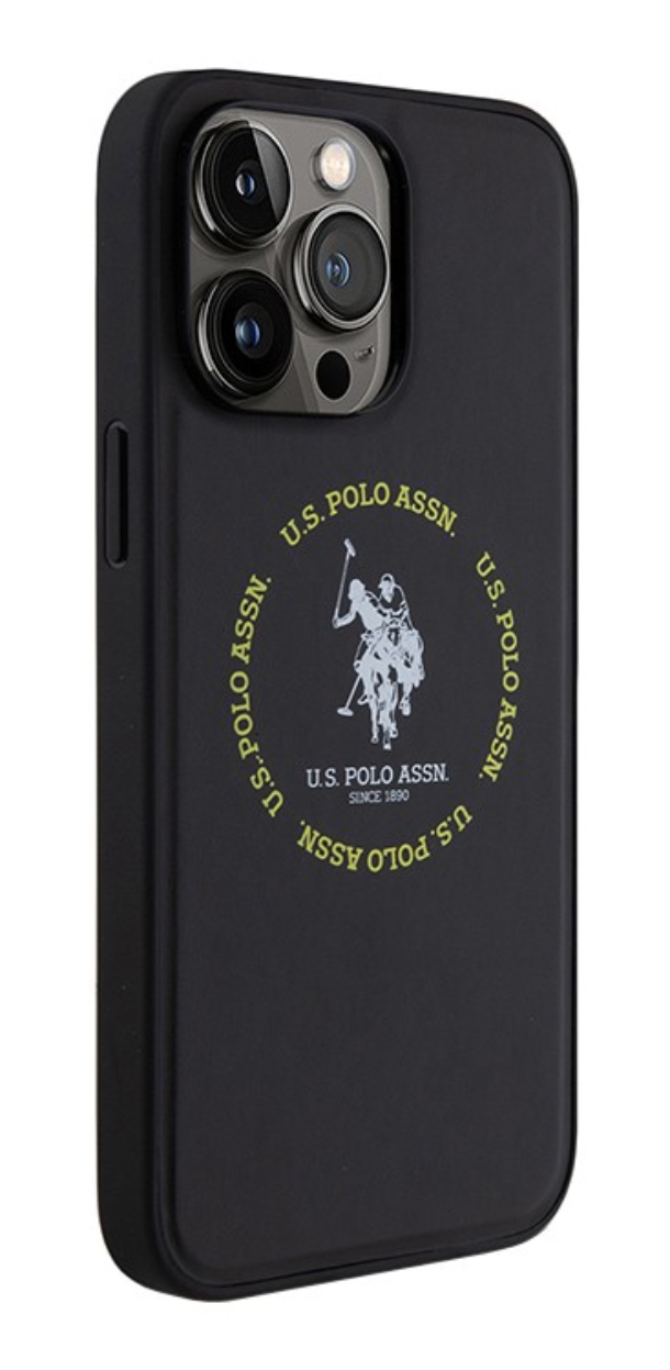Чехол U.S. Polo для iPhone 16 Pro Max, PU Круглый двойной логотип лошади MagSafe, Черный 