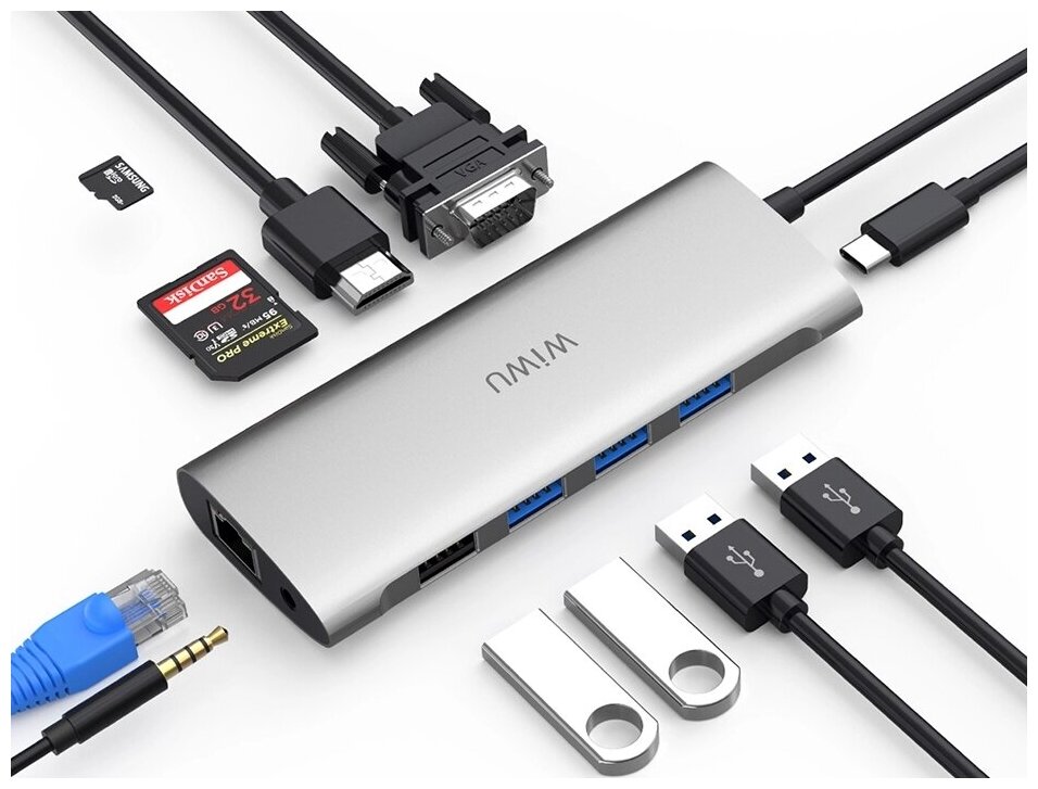 WIWU 11 в 1 Type C -> 3х USB 3.0 Hub, SD Card, TF, 2x HDMI, VGA, RJ 45, PD, 3,5мм