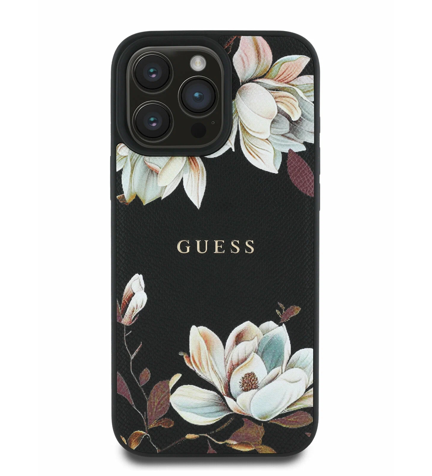 Чехол Guess PU Grained leather Flowers Metal logo Hard с MagSafe для iPhone 16 Pro Max, Черный