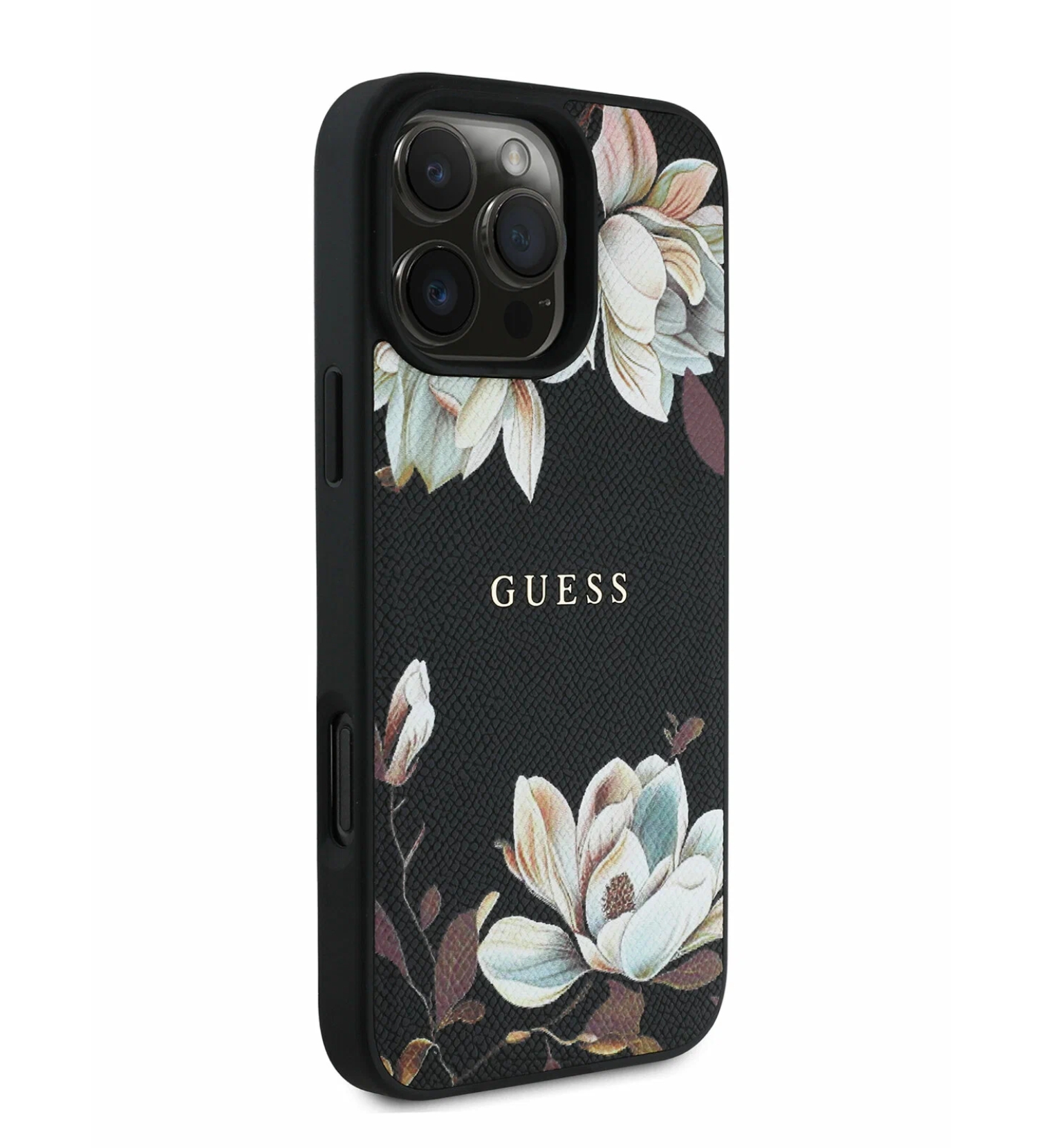 Чехол Guess PU Grained leather Flowers Metal logo Hard с MagSafe для iPhone 16 Pro Max, Черный