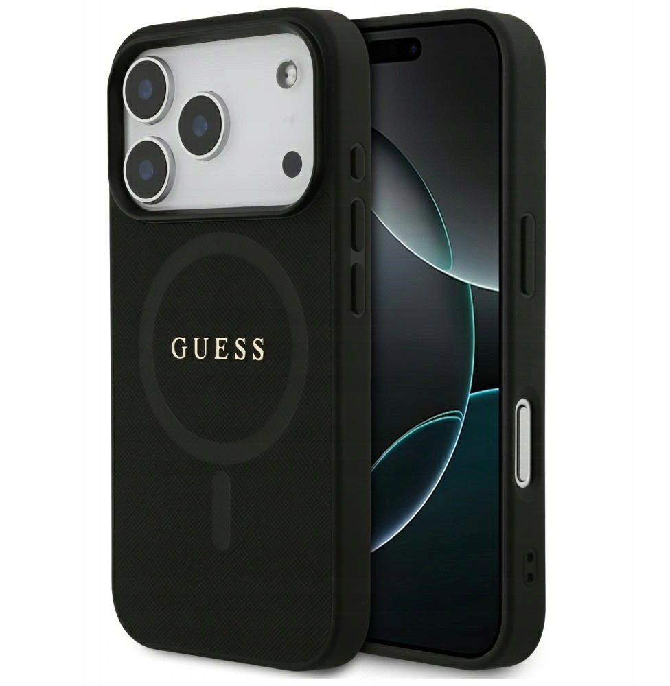 Чехол Guess iPhone 17 Pro PU Saffiano with Classic metal logo Hard Black, Magsafe, Черный
