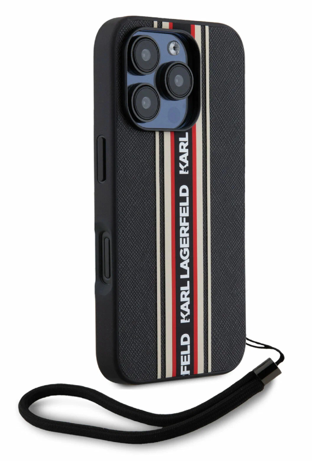 Чехол Lagerfeld для iPhone 16 Pro Max, PU Saffiano Stripe Logo Hard + Nylon Hand cord, Черный/Красный