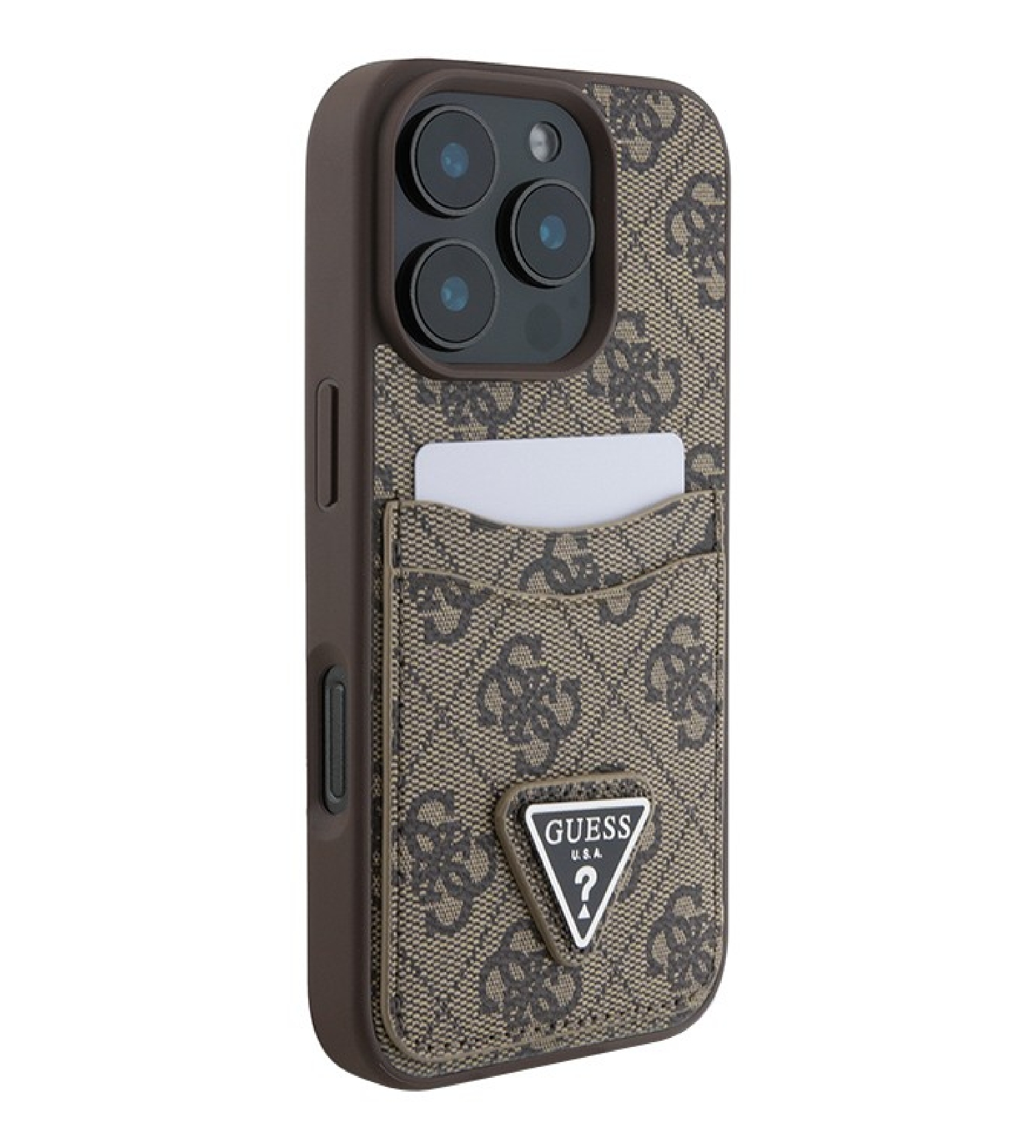 Чехол Guess PU 4G Double Triangle metal logo с слотом под карту для iPhone 16 Pro, Коричневый