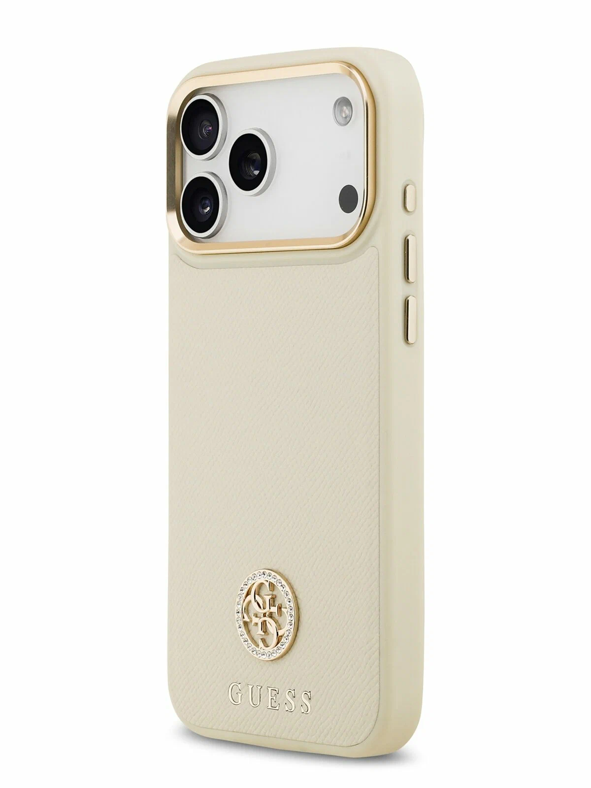 Чехол Guess для iPhone 17 Pro PU Grained 4G Diamond metal logo Gold camera, MagSafe, Бежевый