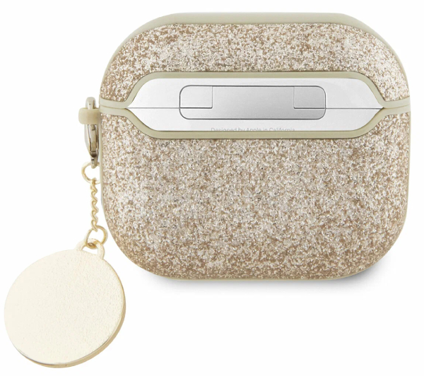 Чехол Guess для Airpods 3 Фиксированные блестки с бриллиантовым сердечком-шармом, Золотой