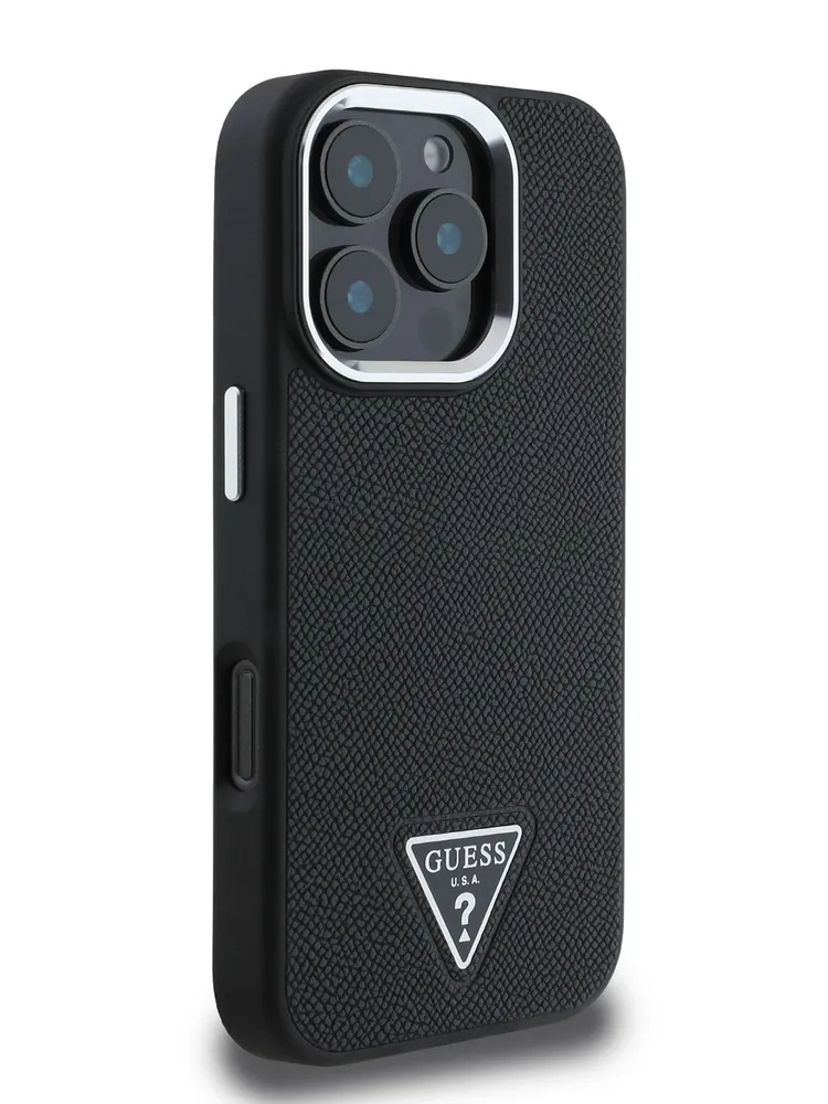 Чехол Guess для iPhone 16 Pro PU Grained leather Triangle metal logo, MagSafe, Черный