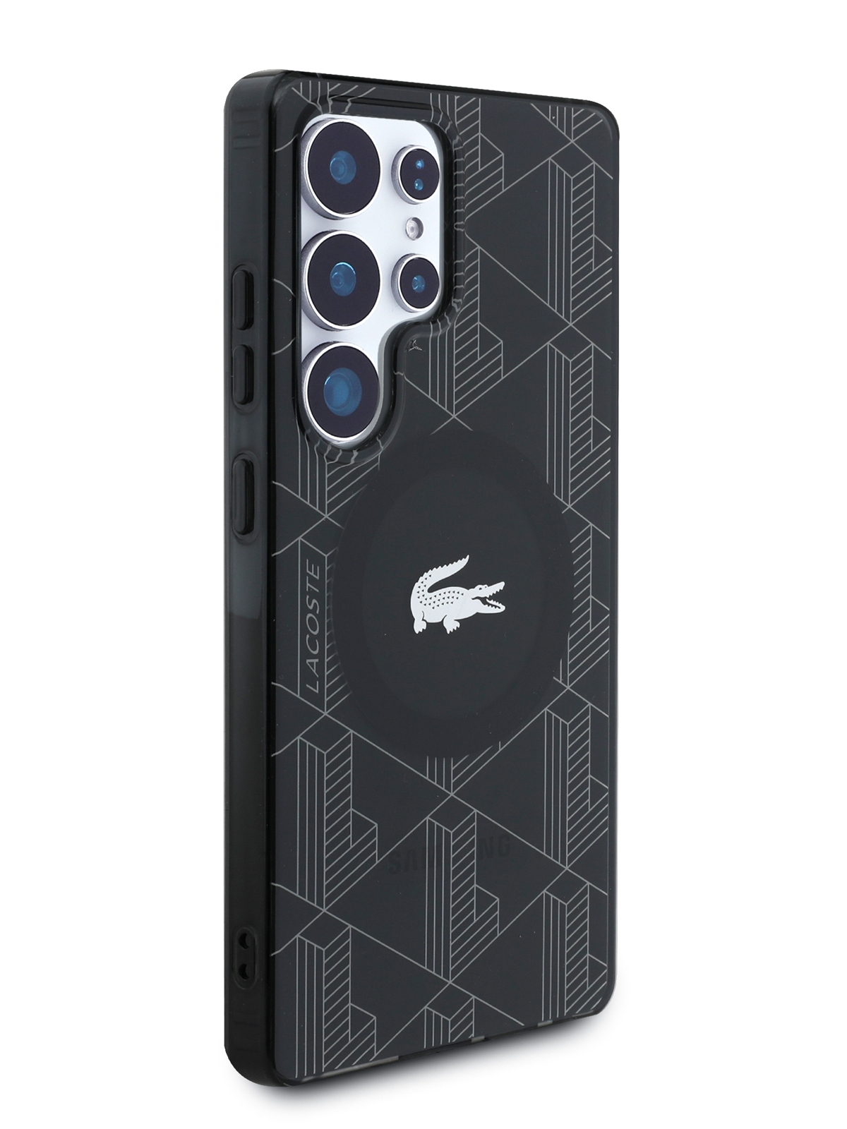 Чехол Lacoste для Galaxy S25 Ultra PC/TPU Double layer Silver Croc logo, MagSafe, Черный