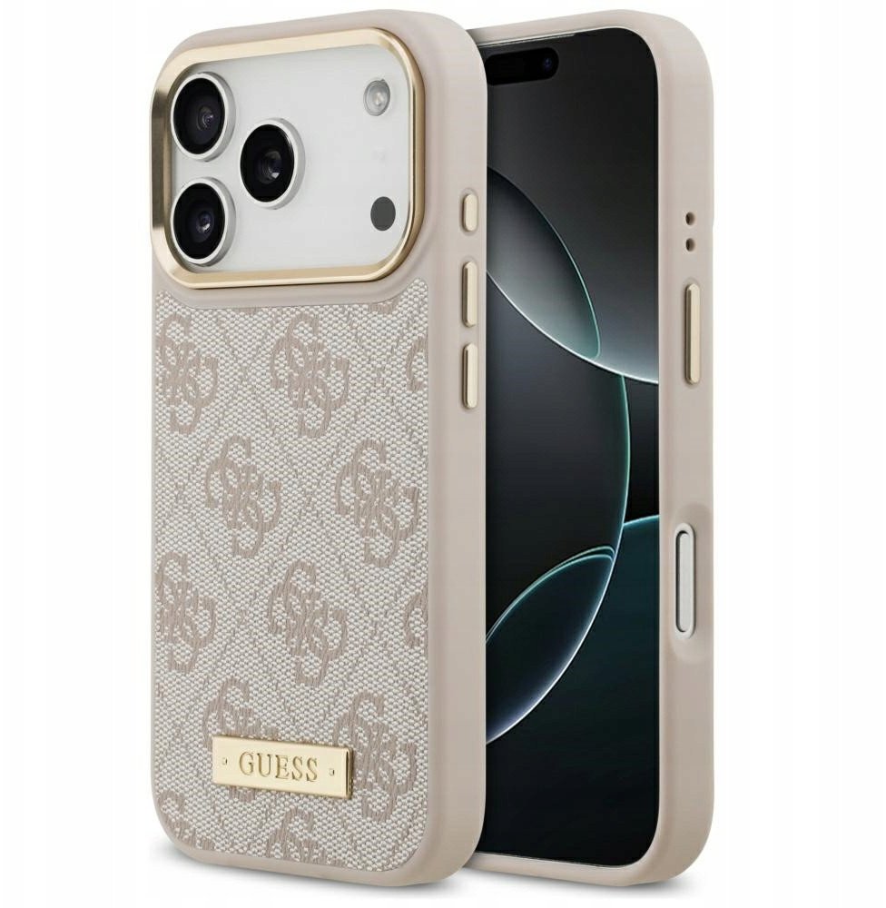 Чехол Guess iPhone 17 Pro PU 4G Plate metal logo and Gold camera Hard Pink, Magsafe, Розовый