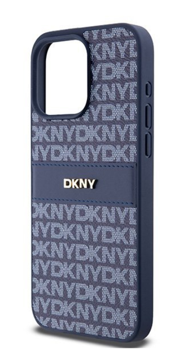 Чехол DKNY для iPhone 15 Pro Max PU Повторяющаяся текстура полоски в тон металлическому логотипу, Синий
