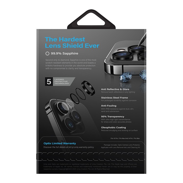 Uniq сапфировое стекло на камеру OPTIX PRIME для iPhone 16 Pro/16 Pro Max, Черный