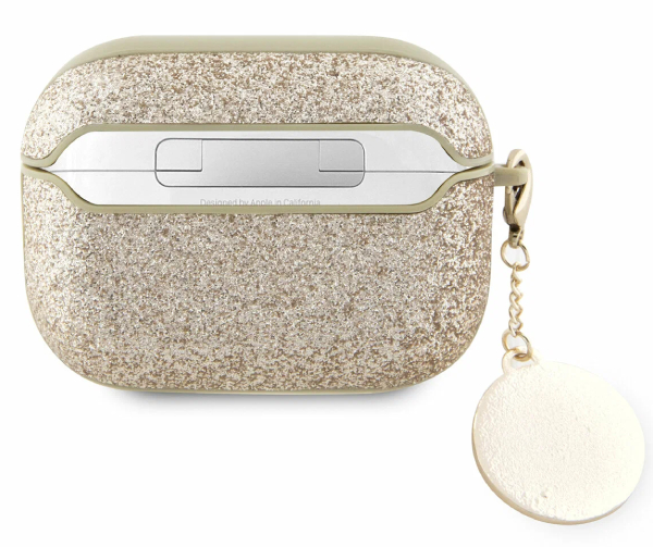 Чехол Guess для Airpods Pro 2 Фиксированные блестки с бриллиантовым сердечком-шармом, Золотой