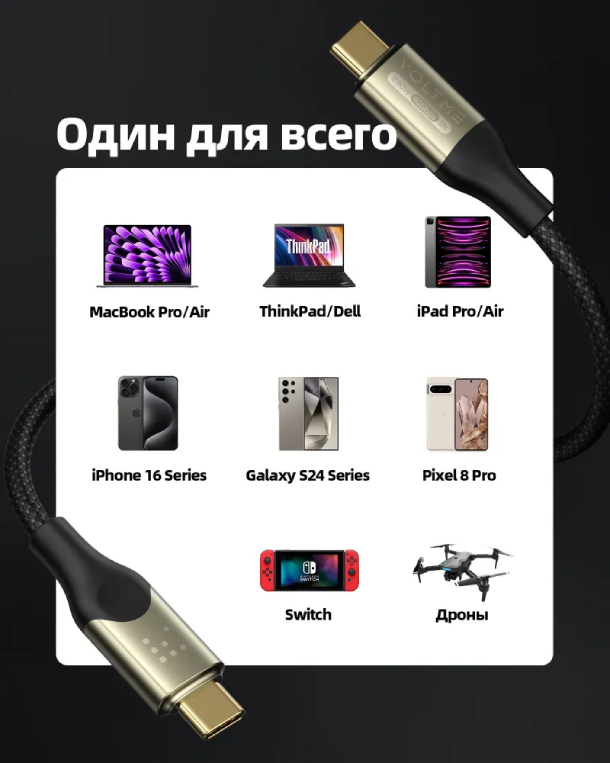 VOLTME Utron USB C+Type-C 5A 240 Вт 8K 1.2м Нейлон 240W, Черный