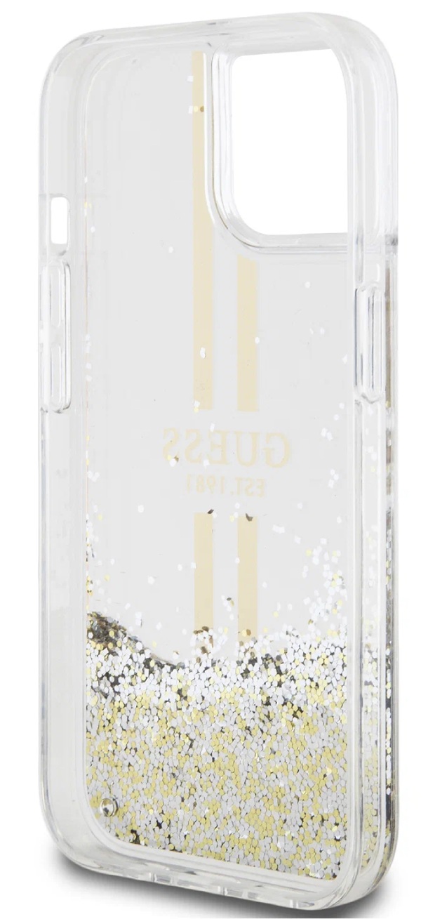 Чехол Guess для iPhone 15, Liquid Glitter Gold Stripes Hard, Прозрачный