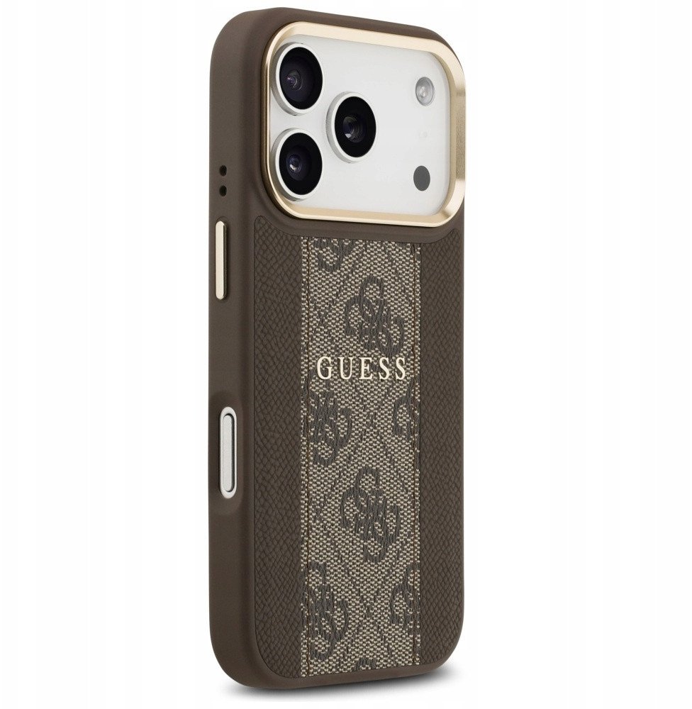 Чехол Guess iPhone 17 Pro PU 4G Stripe Classic metal logo Gold camera Hard Brown, Magsafe, Коричневый