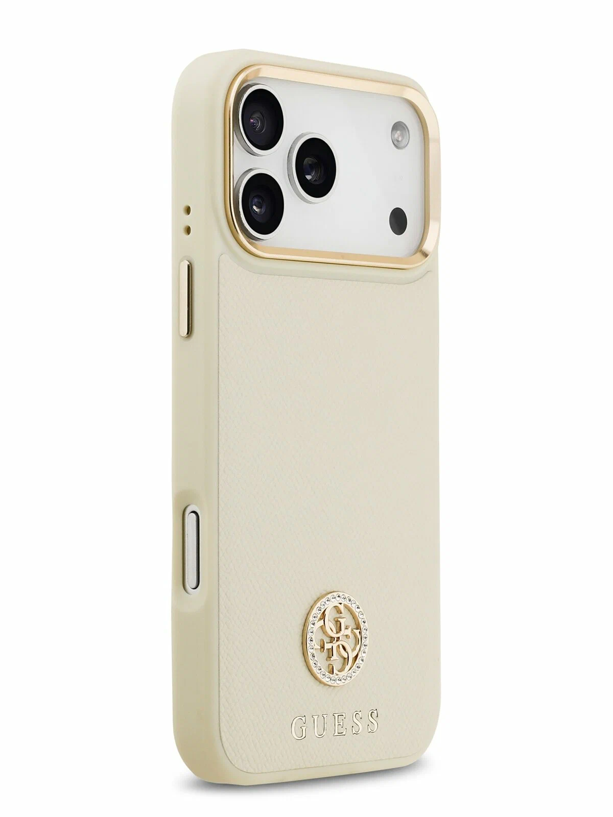 Чехол Guess для iPhone 17 Pro PU Grained 4G Diamond metal logo Gold camera, MagSafe, Бежевый