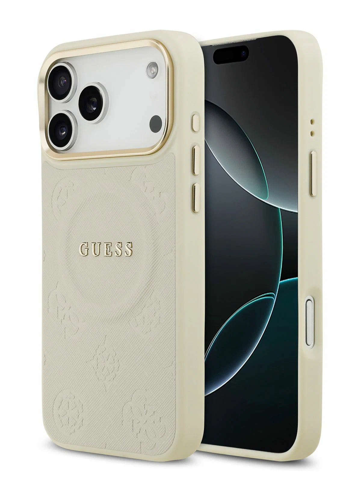 Чехол Guess iPhone 17 Pro Max PU Saffiano Peony Metal logo Gold camera Hard Beige, MagSafe, Бежевый