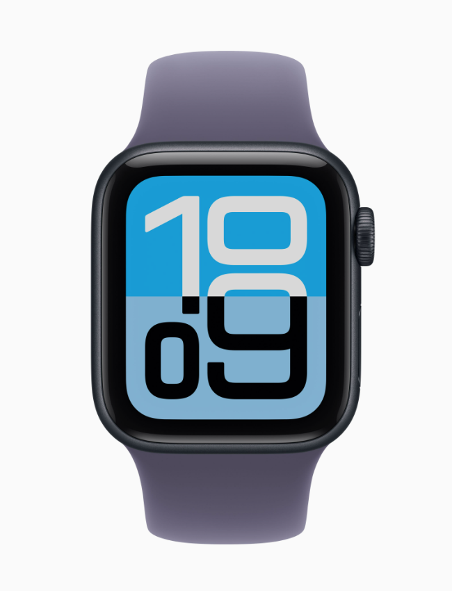 Apple Watch SE 3 (2025), 40 мм, корпус из алюминия цвета «Полуночный черный», спортивный ремешок фиолетового цвета S/M