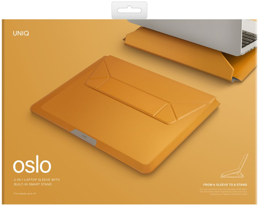 Чехол Uniq для ноутбуков 14" Oslo V.2 PU leather Magnetic Laptop sleeve/foldable stand Mustard, Оранжевый