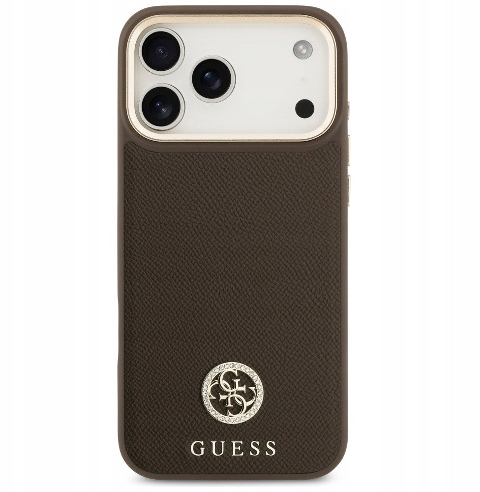 Чехол Guess iPhone 17 Pro Max PU Grained 4G Diamond metal logo Gold camera Hard Brown, MagSafe, Коричневый