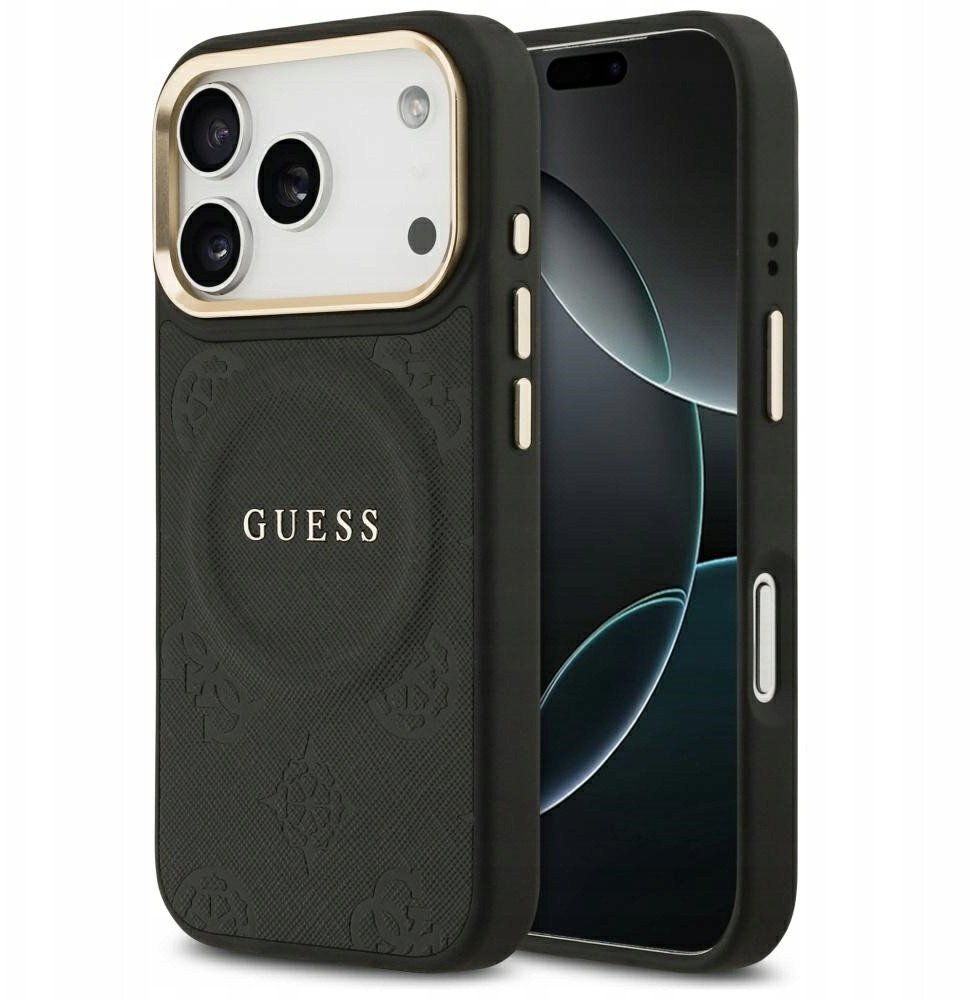 Чехол Guess iPhone 17 Pro PU Saffiano Peony Metal logo Gold camera Hard Black, Magsafe, Черный