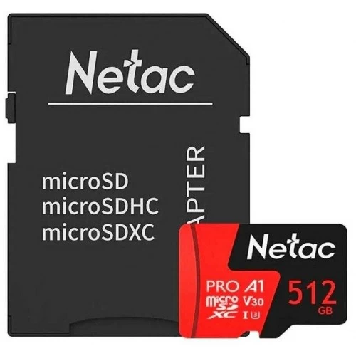 Карта памяти Netac P500 Extreme Pro Class 10 UHS-I A1 V30 (100 Mb/s), MicroSDXC, 512GB и SD адаптер