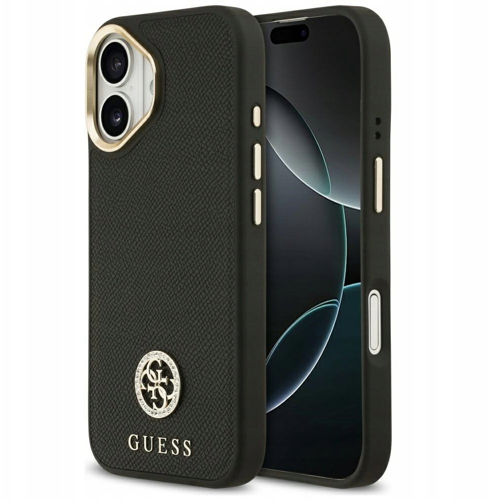 Чехол Guess iPhone 17 PU Grained 4G Diamond metal logo Gold camera, MagSafe, Черный
