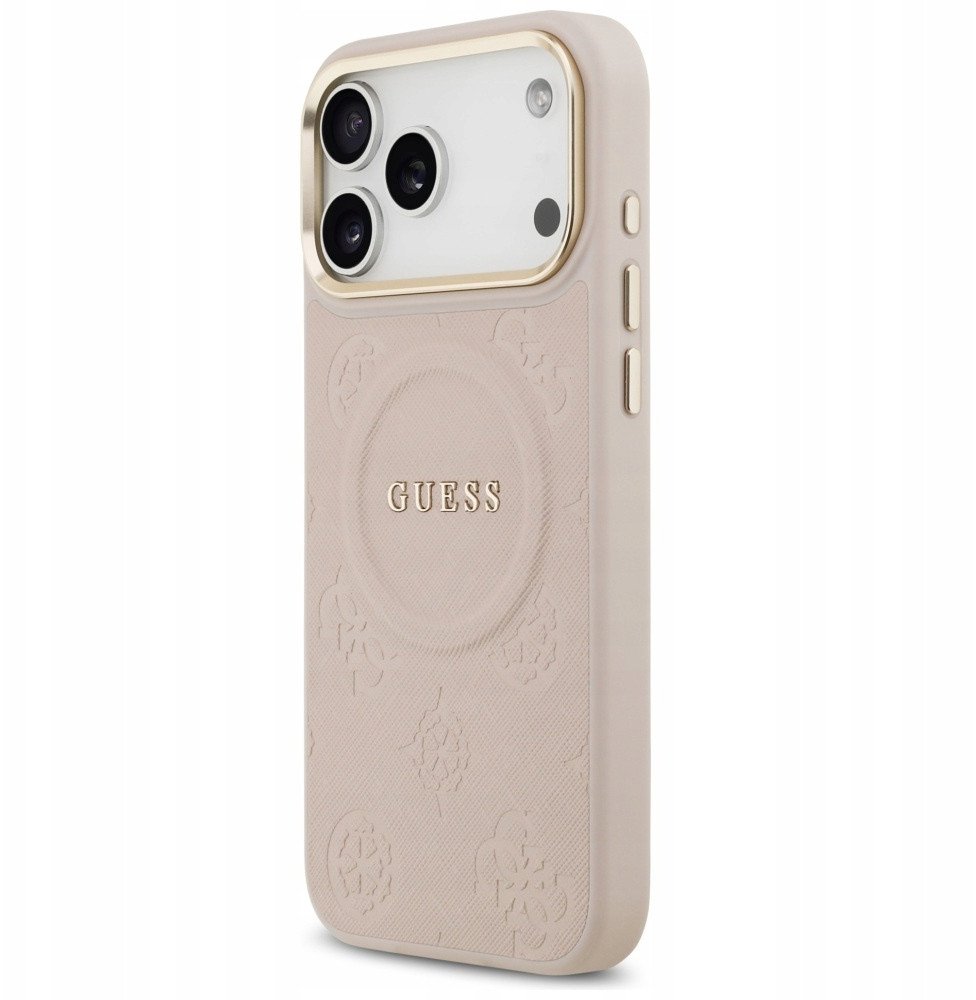 Чехол Guess iPhone 17 Pro Max PU Saffiano Peony Metal logo Gold camera Hard Pink, MagSafe, Бежевый
