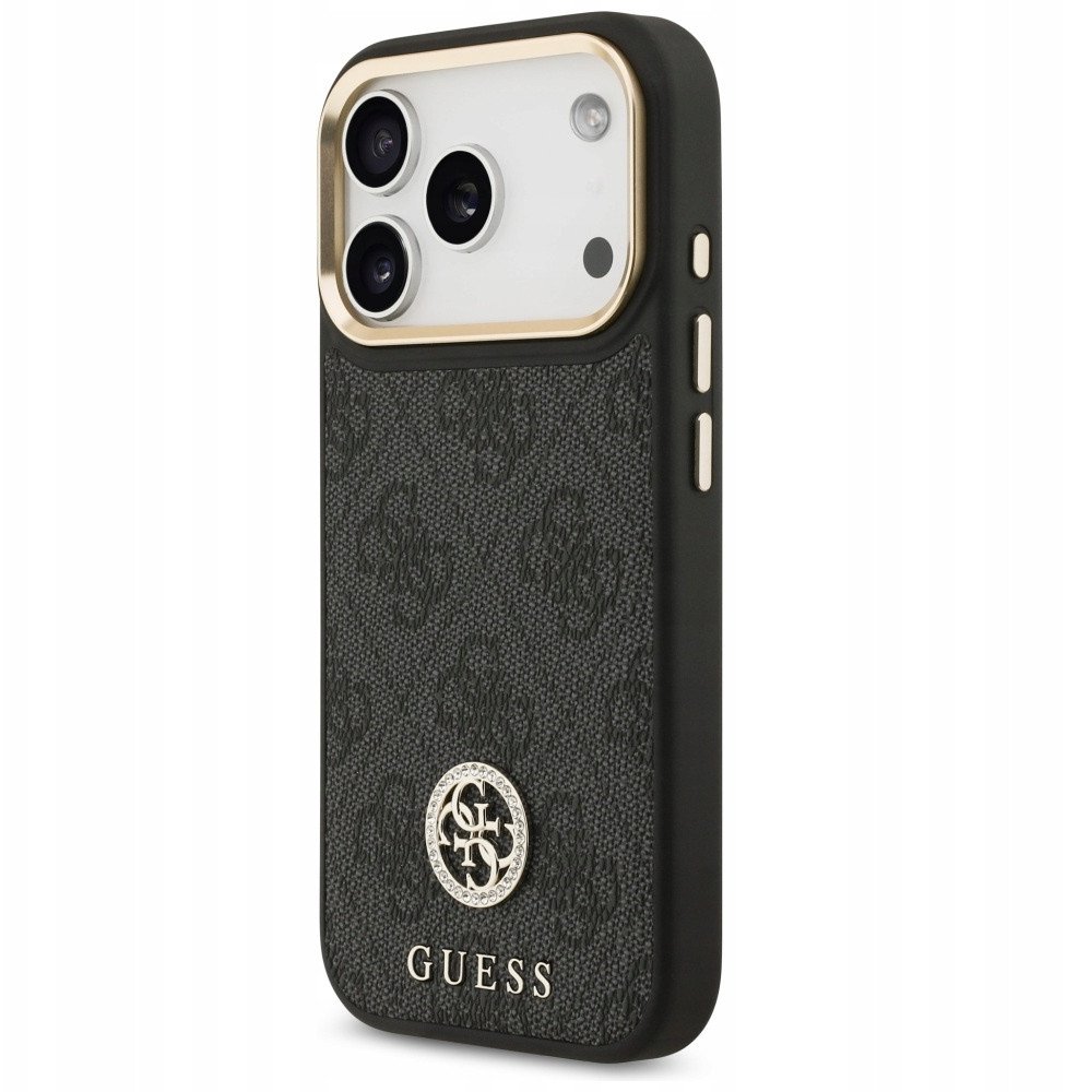 Чехол Guess iPhone 17 Pro PU 4G Diamond metal logo Gold camera Hard Black, Magsafe, Черный