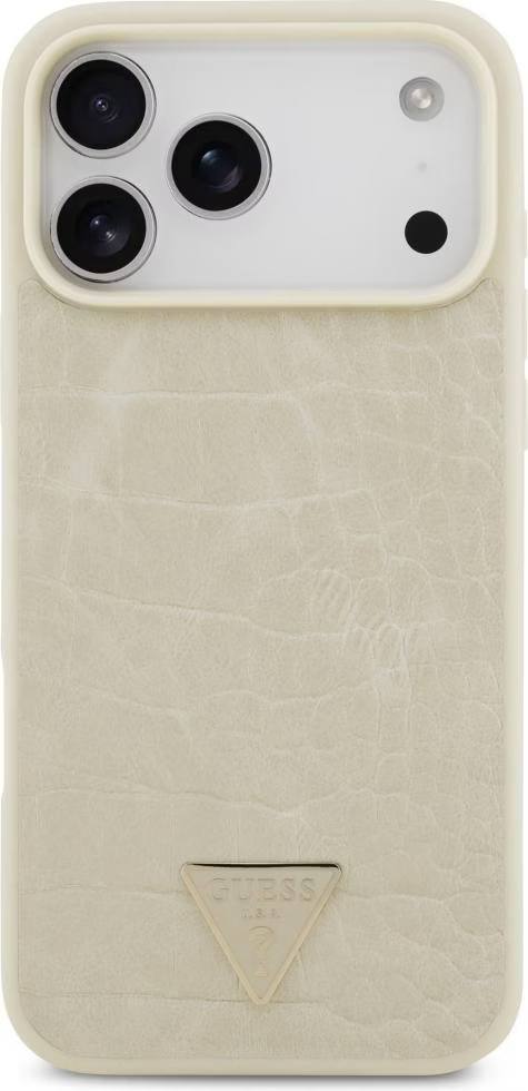 Чехол Guess для iPhone 17 Pro Max PU Croco Triangle metal logo, MagSafe, Бежевый