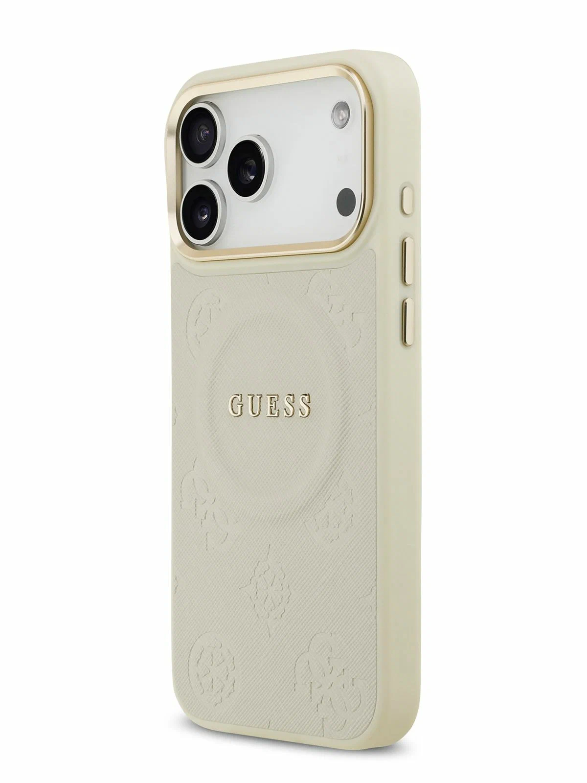Чехол Guess iPhone 17 Pro Max PU Saffiano Peony Metal logo Gold camera Hard Beige, MagSafe, Бежевый