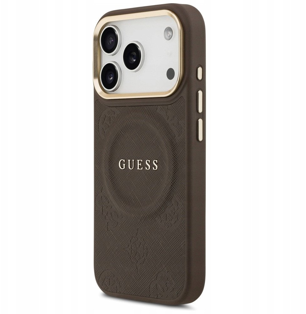 Чехол Guess iPhone 17 Pro PU Saffiano Peony Metal logo Gold camera Hard Brown, Magsafe, Коричневый
