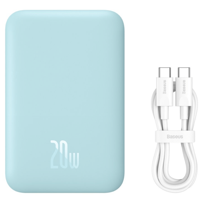 Baseus Magnetic wireless Fast charging power bank 6000 мА·ч 20W, с Baseus Xiaobai series fast charging Cable Type-C – Type-C 60W, 50 см, Голубой