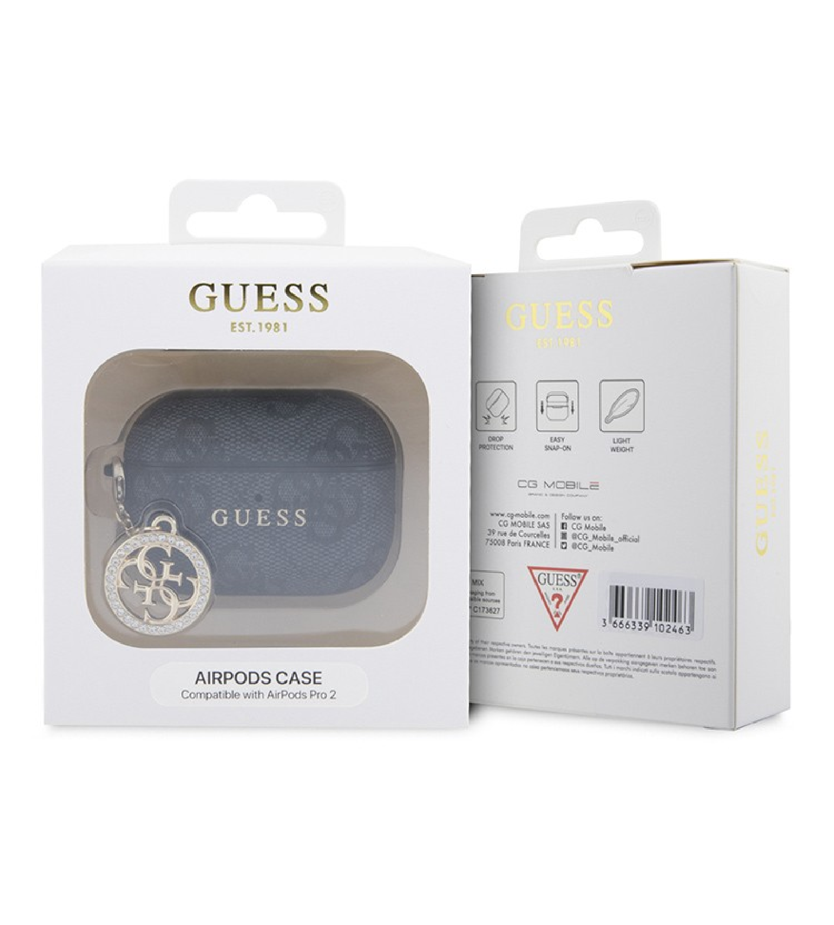 Чехол Guess PU leather 4G with Classic metal logo and Diamond charm для Airpods Pro 2, Черный