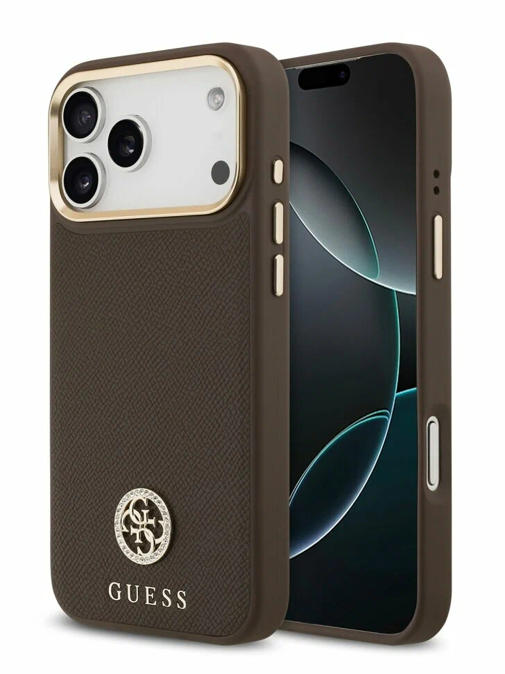 Чехол Guess для iPhone 17 Pro PU Grained 4G Diamond metal logo Gold camera, MagSafe, Коричневый