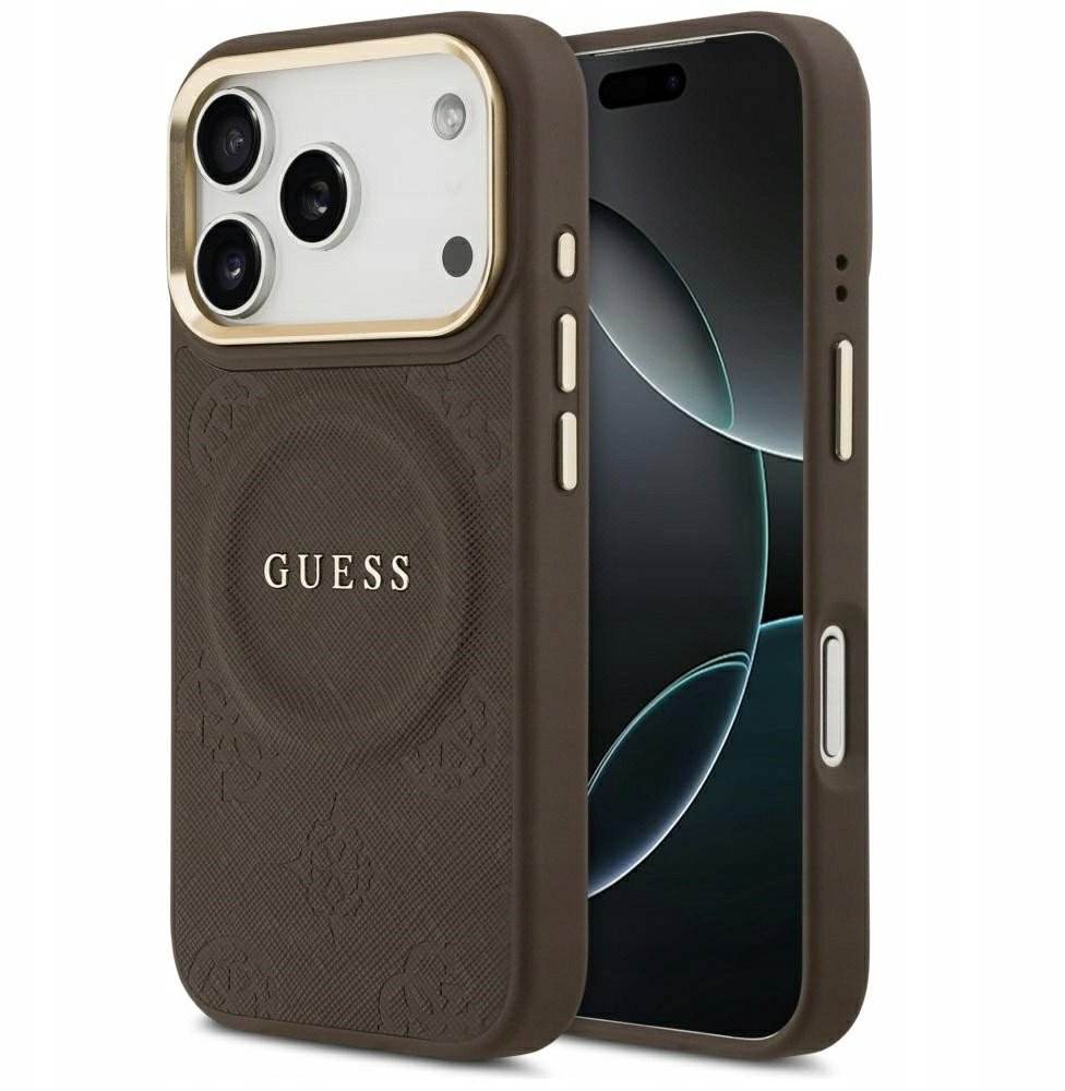 Чехол Guess iPhone 17 Pro PU Saffiano Peony Metal logo Gold camera Hard Brown, Magsafe, Коричневый