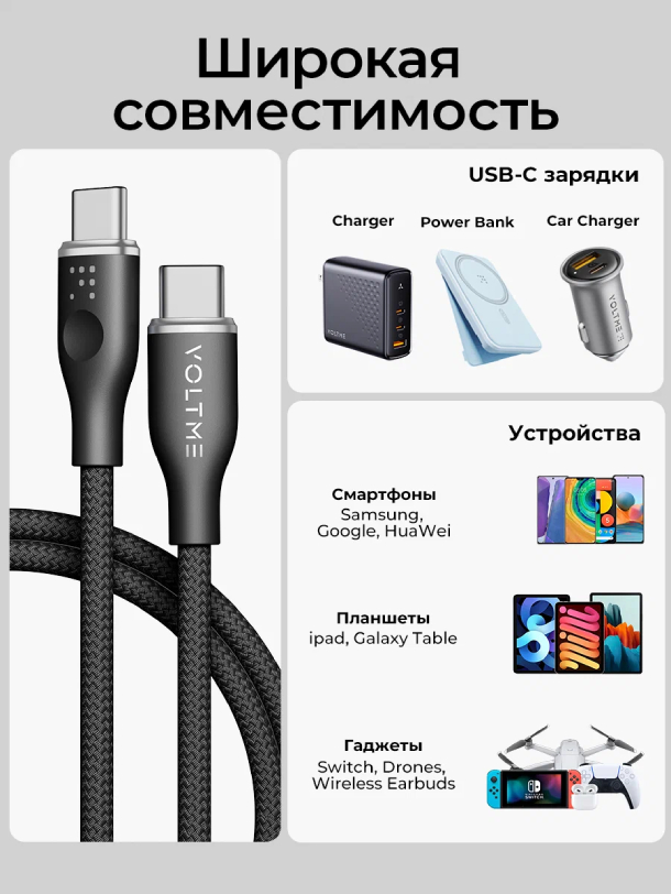 VOLTME RUGG USB C+Type-C- 3A 60 Вт 1.8м Нейлон 60W, Черный