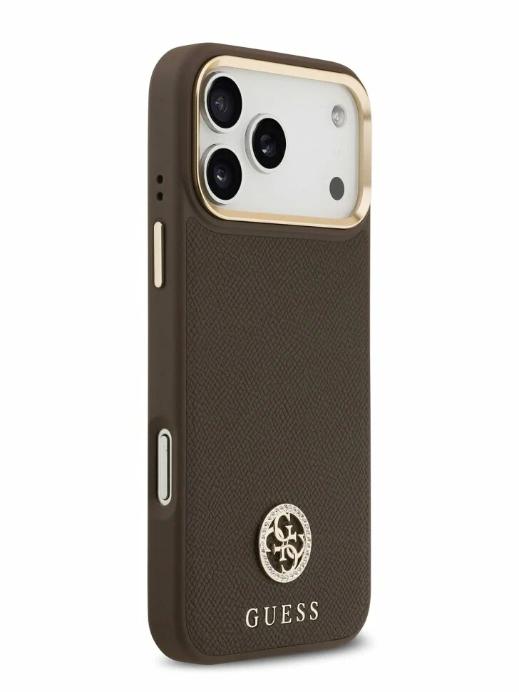 Чехол Guess для iPhone 17 Pro PU Grained 4G Diamond metal logo Gold camera, MagSafe, Коричневый