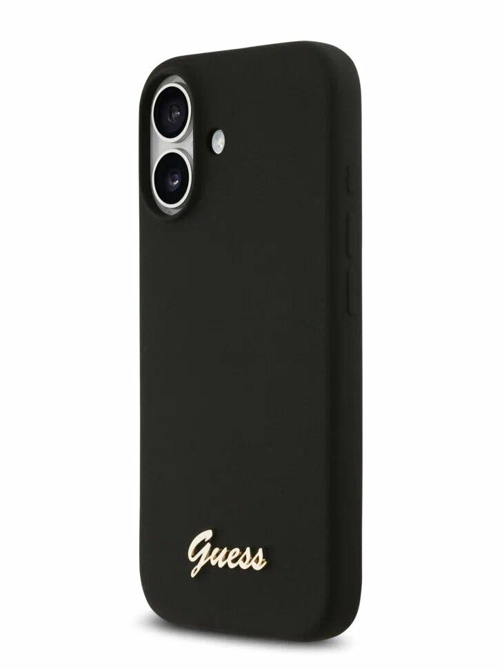 Чехол Guess iPhone 17 Liquid silicone Gold metal logo & Camera Hard Black, MagSafe, Черный