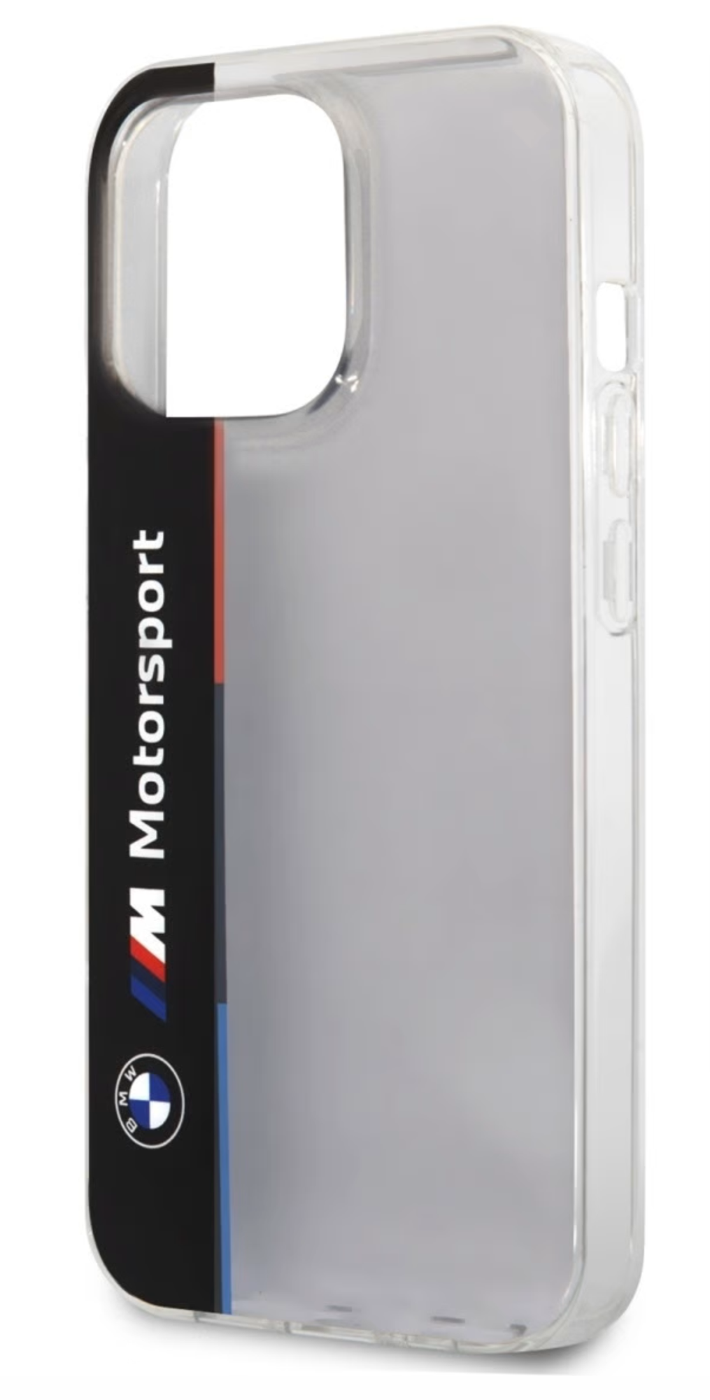 Чехол BMW для iPhone 13 Pro, Автоспорт PC/TPU, Трехцветный вертикальный, Прозрачно/Черный