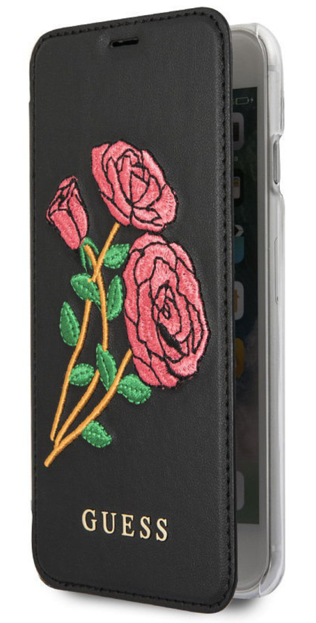 Чехол Guess для iPhone 7/8, Цветочная книга желаний типа PU /Вышитые розы, Черный